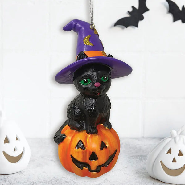 Black Witch Cat On Pumpkin Spooky Glass Hanging Ornament