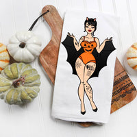 Bat Girl with Tattoos Halloween Kitchen Tea Towel