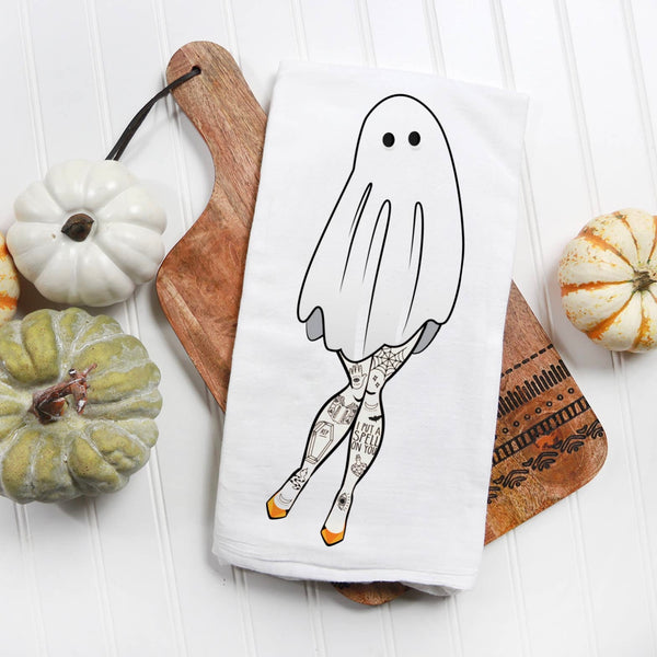Ghost Girl with Tattoos Halloween Kitchen Tea Towel