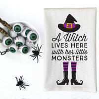 A Witch Lives Here and her little Monsters Halloween Kitchen Tea Towel