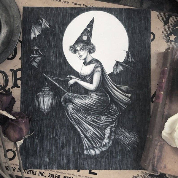 Caitlin McCarthy Art - By Lantern Light Fine Art Print - Vintage Halloween Witch