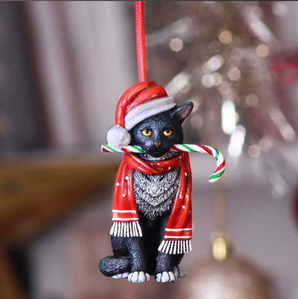 Black Cat Candy Cane Hanging Ornament