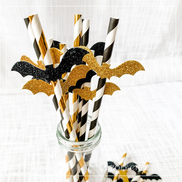Bat Black & Gold Paper Straws  - Pack of 12